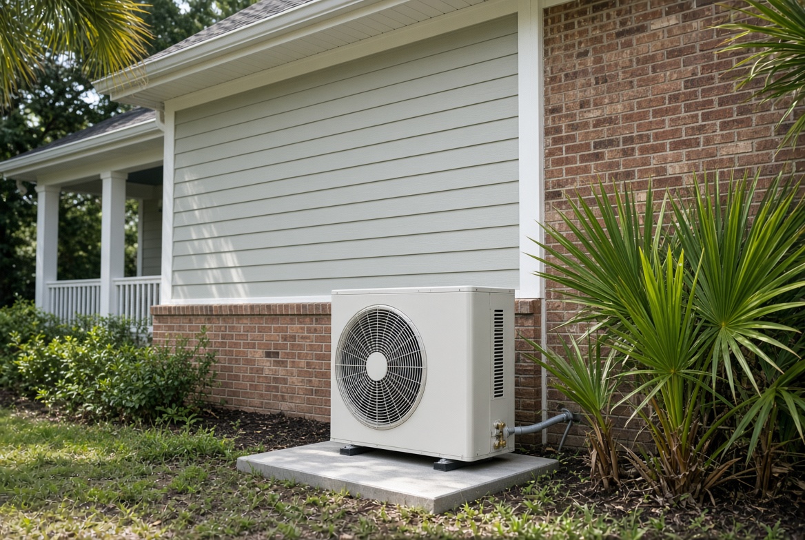 Outdoor mini-split condenser on a pad beside a brick and siding house